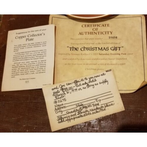 1978 Norman Rockwell The Christmas Gift Metal Arts Copper Collectors Plate w/CoA - Picture 3 of 3